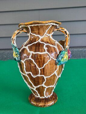 Italian Majolica Art Pottery Reticulated Overlay Double Handle Vase Signed